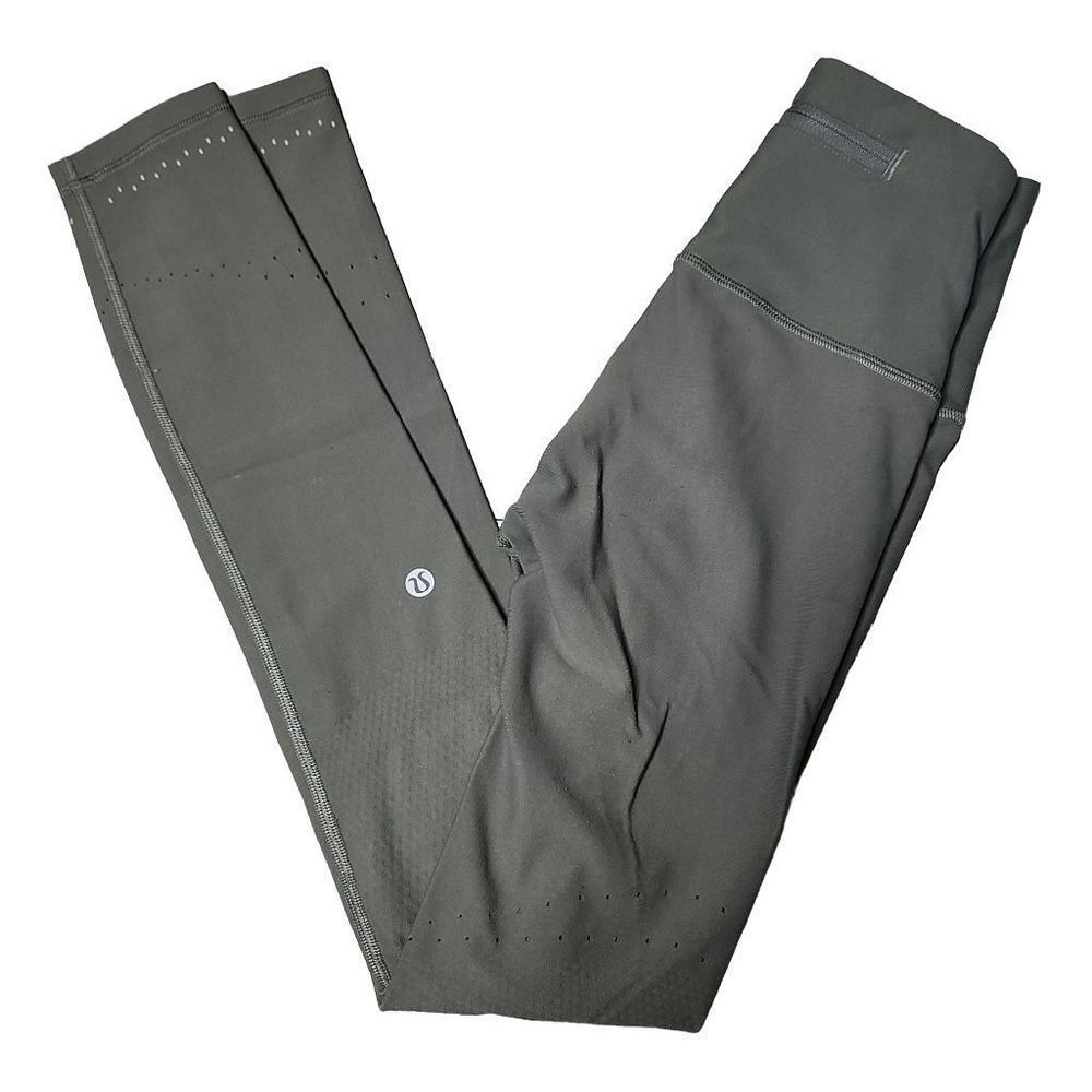 Lululemon olive green mid rise reflective laser cut mesh knee running tight 27"